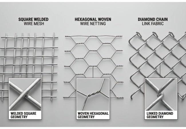 Vergelijking van gaasopeningstypes Comparison of welded wire mesh, hexagonal mesh, and chain link mesh opening structures